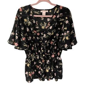 Toby & Olive Floral Button Front Smocked Peplum Blouse Semi Sheer